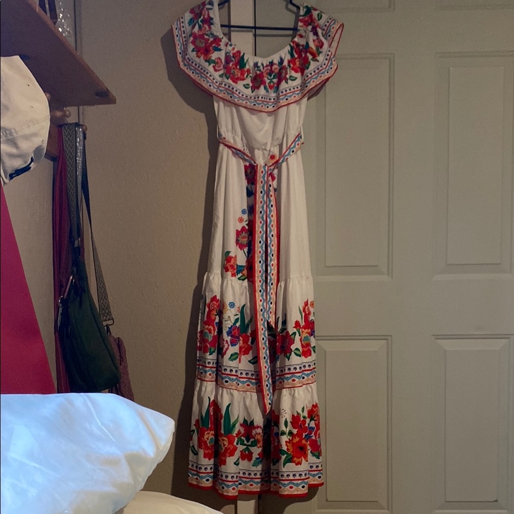 White and Red Tiered Off-the-Shoulder Maxi Sundress